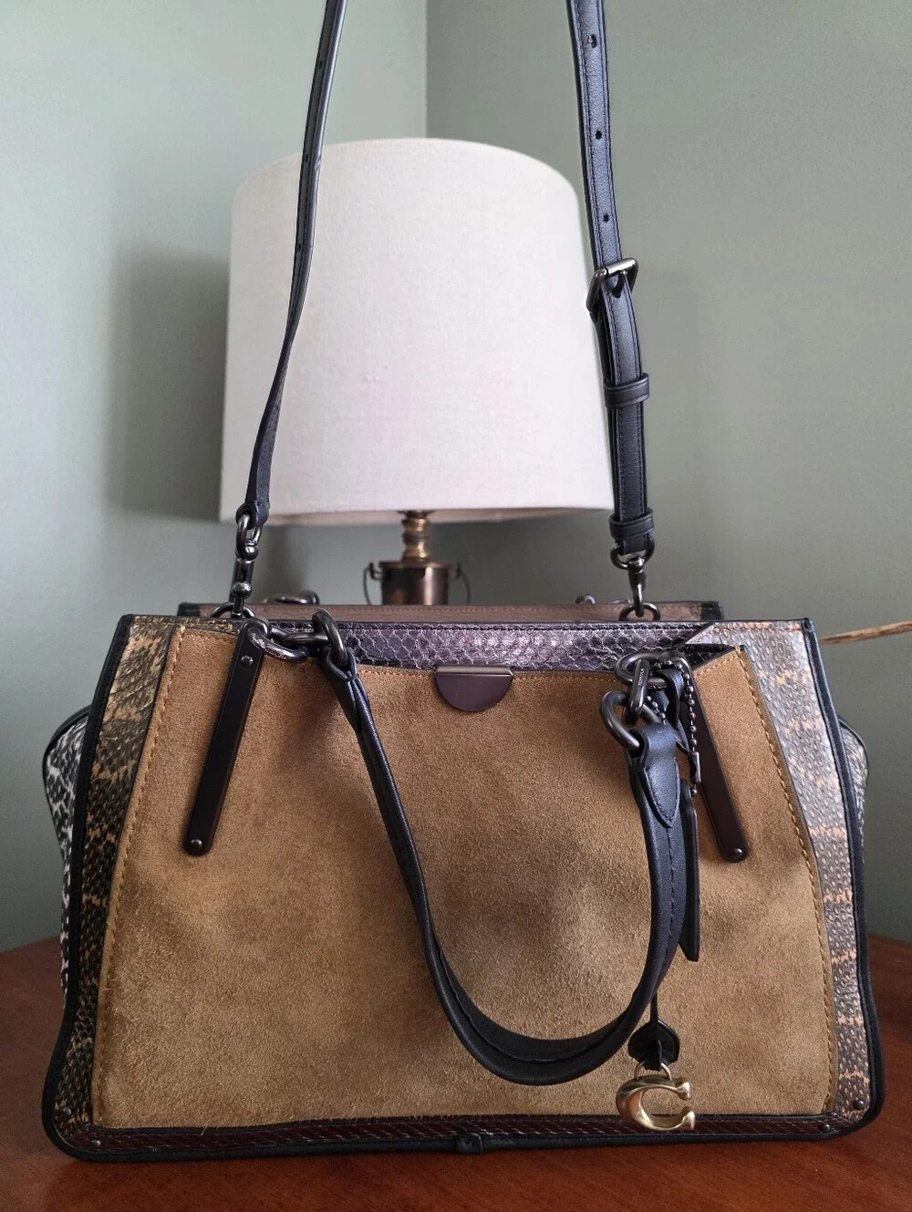 Coach Dreamer 36 37130 Colorblock Tan Suede Leather Snakeskin Satchel Bag